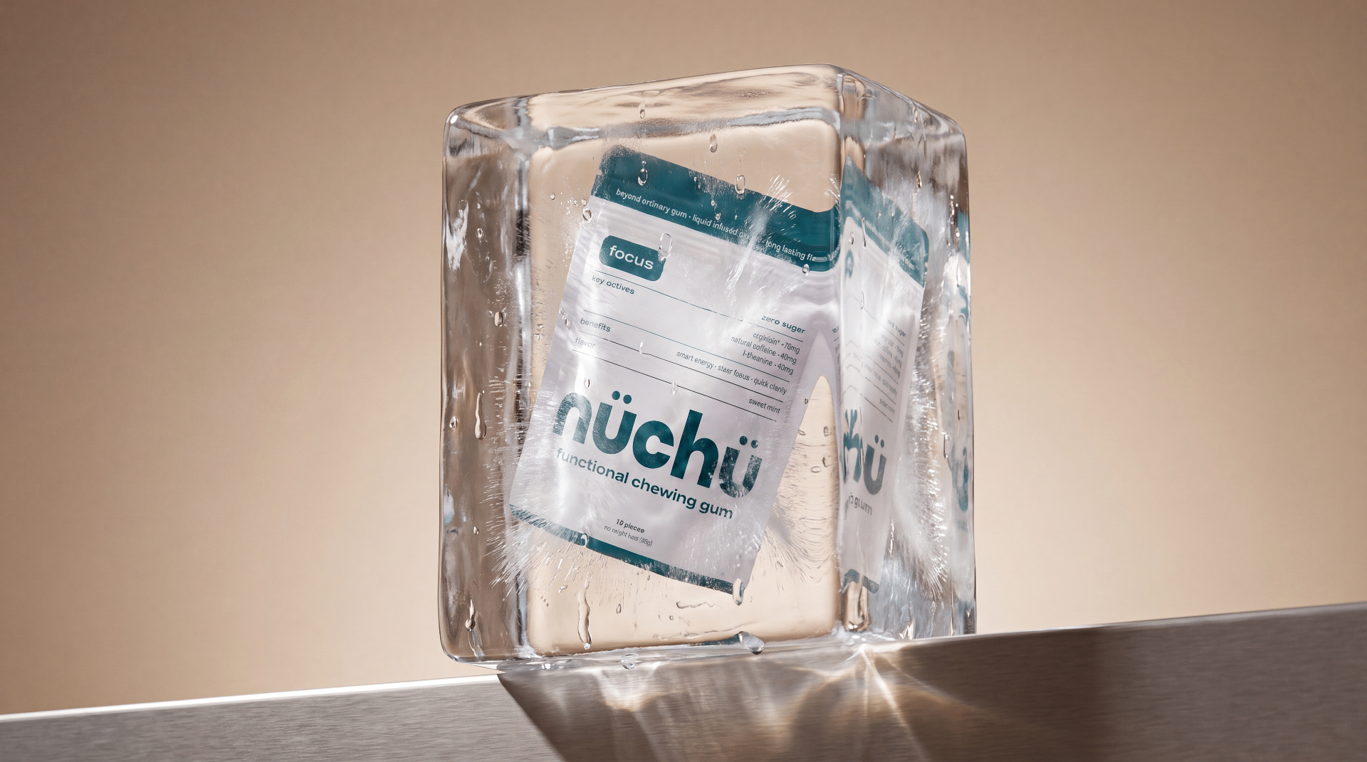 nüchü Focus pouch frozen inside a clear block of ice